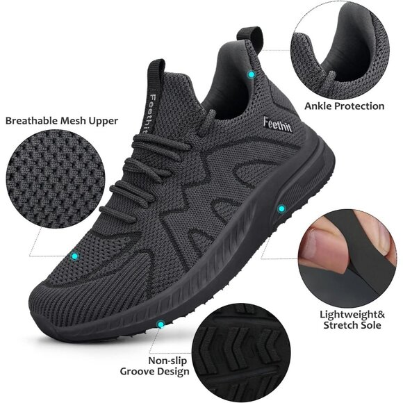 Feethit Women Dark Grey Lightweight Wide Mesh Workout Sneakers For Tennis Gym - Picture 2 of 6
